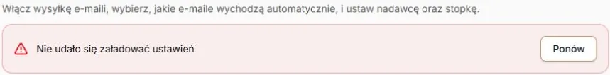 E-mail — trwały błąd odczytu i Ponów zamiast domyślnego formularza; rzeczywiste komponenty z kontrolowanym HTTP503, bez zapisu i wysyłki