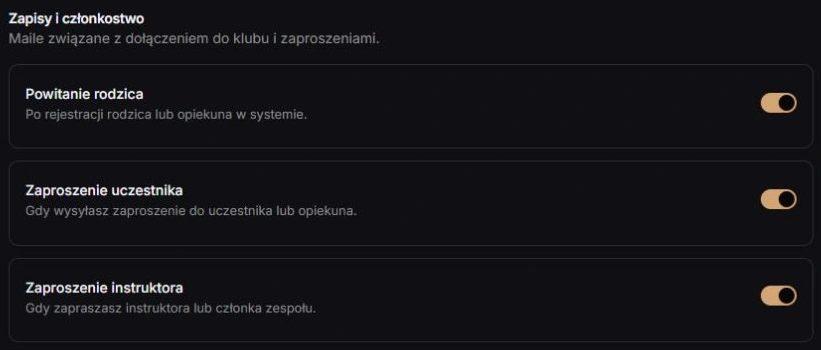 Zapisy i członkostwo — rzeczywiste przełączniki e-maili w kolejności formularza; lokalny klub z fikcyjnymi danymi, bez wysyłki