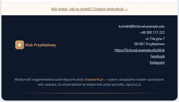 Stopka standardowego e-maila — rzeczywisty HTML szablonu powitalnego z fikcyjnymi danymi, bez wysyłki do skrzynki
