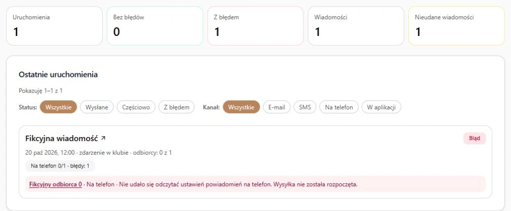 Historia — błąd odczytu ustawień Na telefon przed wysyłką, z odbiorcą i wynikiem kanału; rzeczywisty panel, fikcyjne dane