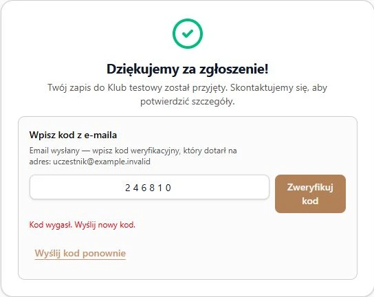 Po zgłoszeniu naboru — wygasły kod i ponowienie na tym samym ekranie; fikcyjne dane, bez wysyłki
