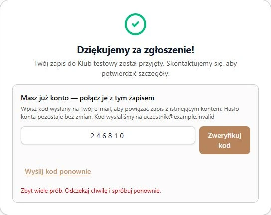 Powiązanie naboru z istniejącym kontem — ponowienie oraz czasowy limit; fikcyjne dane, bez wysyłki