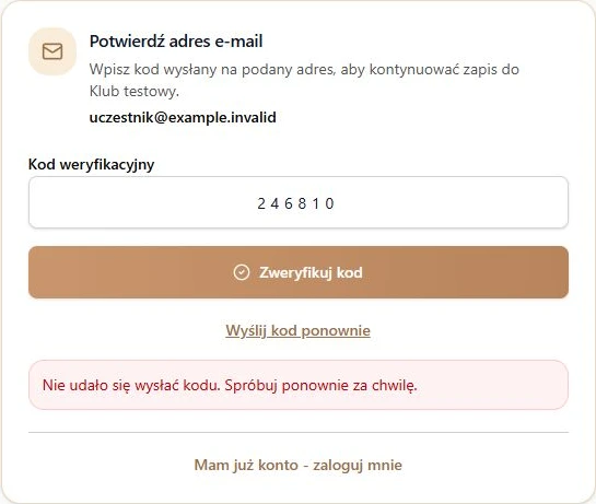 Kod konta przy zapisie do klubu — nieudane ponowienie zachowuje wpisany kod; fikcyjne dane, bez wysyłki