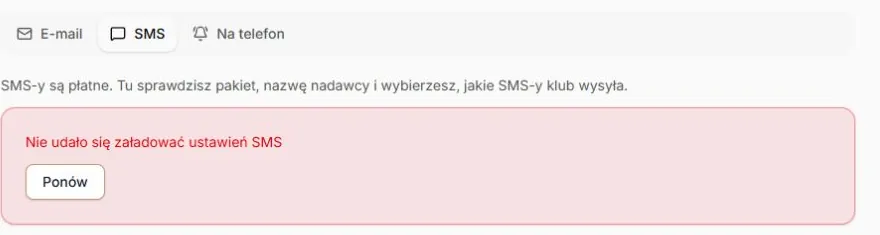 SMS — błąd odczytu i Ponów zamiast formularza; kontrolowane HTTP503, bez dostępu do operatora