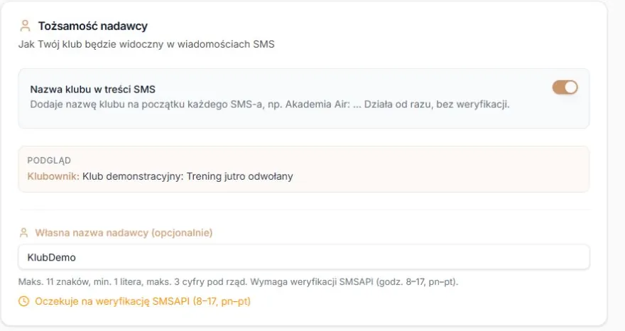 Oczekujący nadawca — zapisana nazwa, status i podgląd; rzeczywisty formularz z danymi fikcyjnymi
