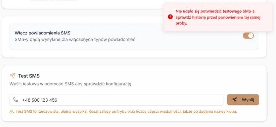 Test SMS — niepotwierdzony wynik, zachowany numer i przycisk ponowienia; rzeczywisty formularz z kontrolowanym HTTP503, bez operatora