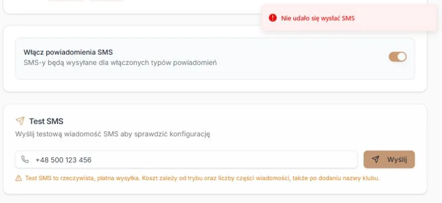 Test SMS — potwierdzona odmowa i możliwość poprawy danych; rzeczywisty formularz z kontrolowaną odpowiedzią, bez rzeczywistej próby u operatora