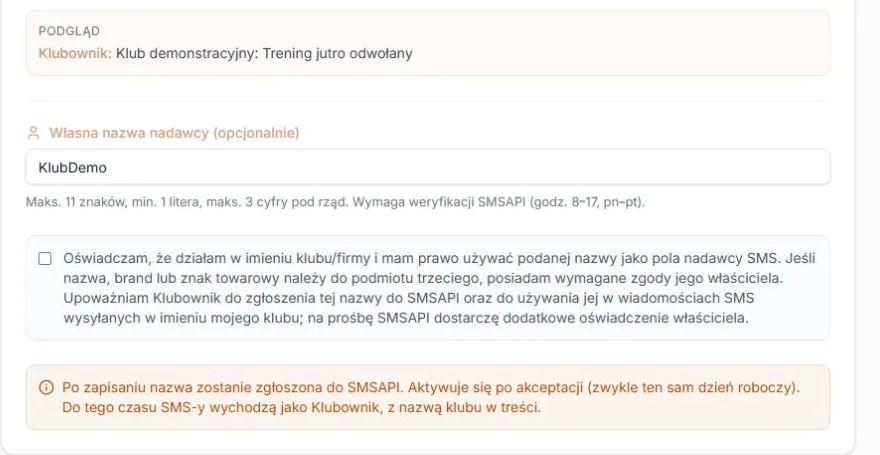 Własna nazwa po zmianie konta — pole, niezaznaczone oświadczenie i domyślny podgląd; bez zgłoszenia do operatora