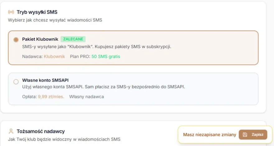 Zmiana konta SMS — zaznaczony pakiet, drugi dostępny tryb i niezapisany wybór; formularz z fikcyjnymi danymi