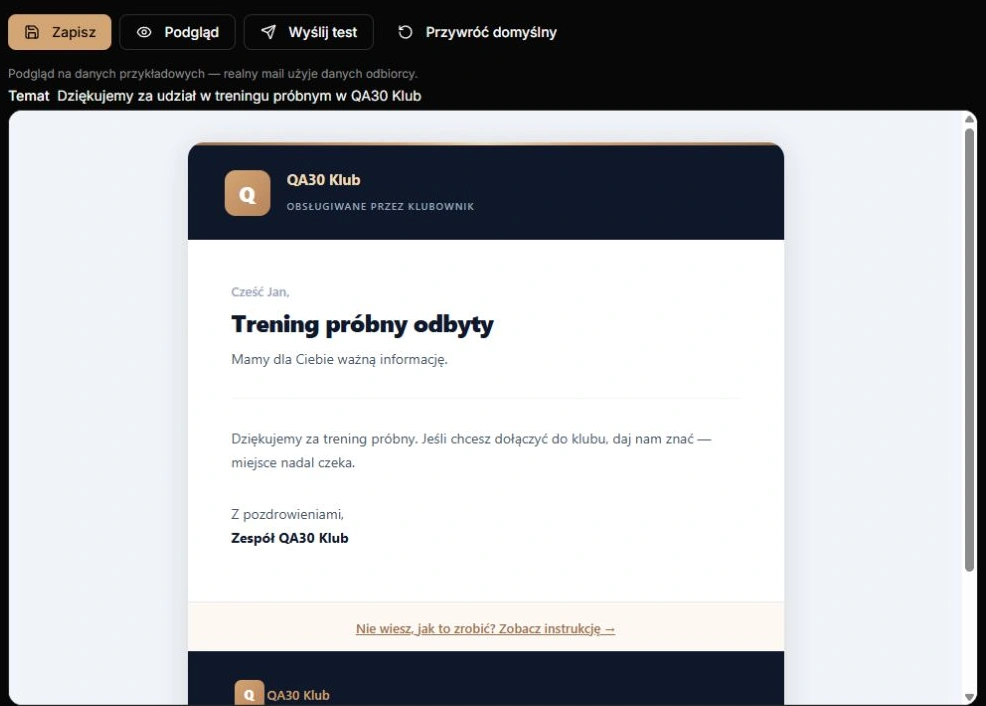 Trening próbny odbyty — rzeczywisty podgląd systemowego podziękowania, bez edycji, zapisu i wysyłki