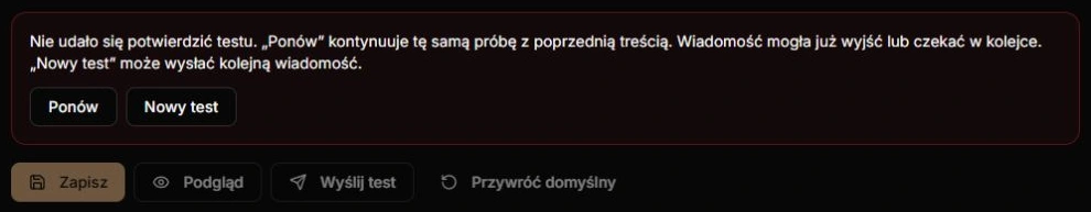 Utrata odpowiedzi po fikcyjnym teście — ostrzeżenie, Ponów, Nowy test i zablokowane cztery akcje rzeczywistego edytora