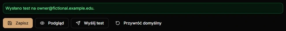 Wyślij test i potwierdzenie odbiorcy — rzeczywisty edytor po odzyskaniu wyniku jednej fikcyjnej próby, bez rzeczywistej wysyłki