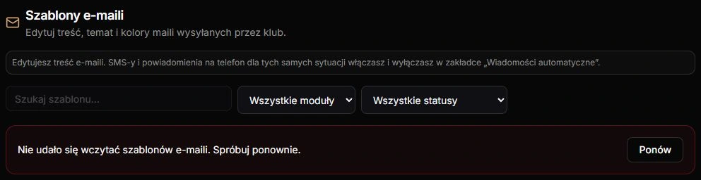 Niepotwierdzona lista — trwały komunikat i Ponów zamiast pustych wyników; rzeczywisty komponent z kontrolowaną odpowiedzią HTTP503