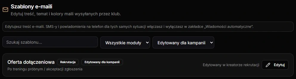 Status kampanii — filtr, plakietka i dopisek o kreatorze rekrutacji; rzeczywista lista na fikcyjnych zapisanych statusach