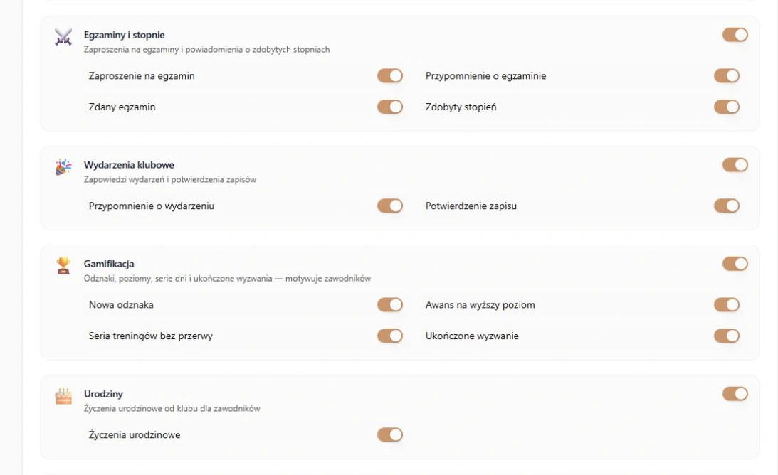 Na telefon — egzaminy, wydarzenia, gamifikacja i urodziny; rzeczywista karta klubu sportów walki