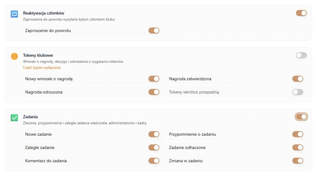 Na telefon — końcowe grupy: reaktywacja, tokeny i zadania; rzeczywista karta z fikcyjnymi ustawieniami