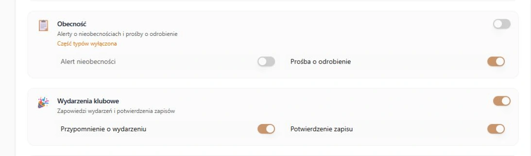 Na telefon — klub strzelecki bez funkcji egzaminów: po Obecności są Wydarzenia klubowe; rzeczywista karta