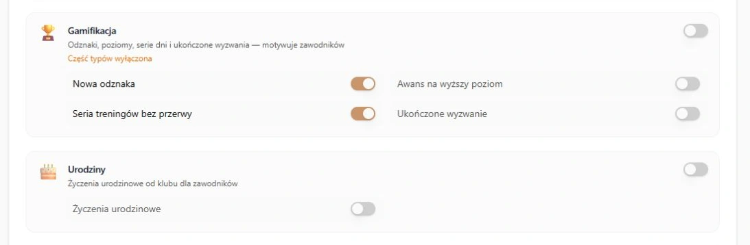 Gamifikacja i urodziny — odznaka i seria włączone, awans poziomu, wyzwanie oraz życzenia wyłączone; rzeczywista karta, zapis fikcyjnych ustawień, bez wysyłki