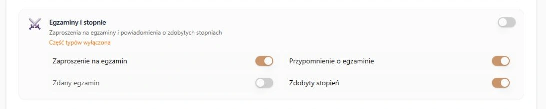 Egzaminy i stopnie — osobne ustawienia wyniku oraz zdobytego stopnia; rzeczywista karta klubu z fikcyjnymi danymi, bez wysyłki