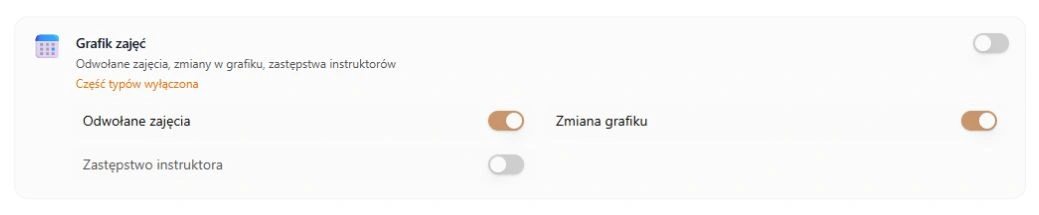 Zastępstwo instruktora wyłączone niezależnie od zmiany grafiku — rzeczywista karta po zapisie fikcyjnych ustawień, bez wysyłki