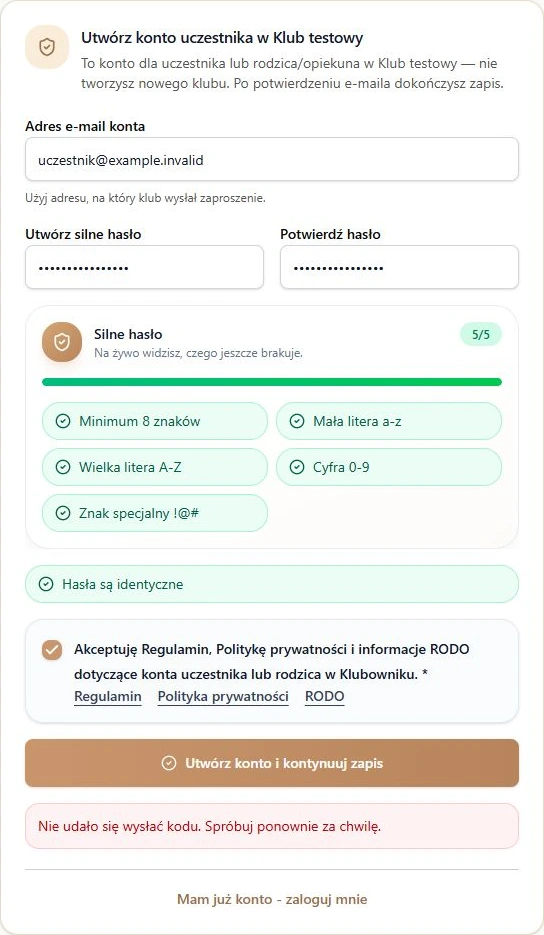 Tworzenie konta przy zapisie do klubu — brak potwierdzenia wysyłki i zachowany formularz; fikcyjne dane