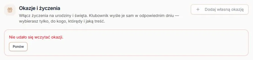 Okazje i życzenia — błąd odczytu i Ponów