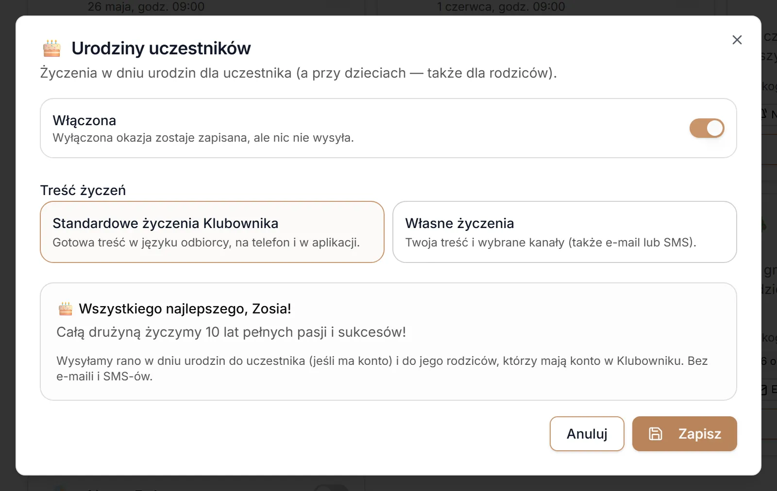 Urodziny uczestników — standardowe życzenia