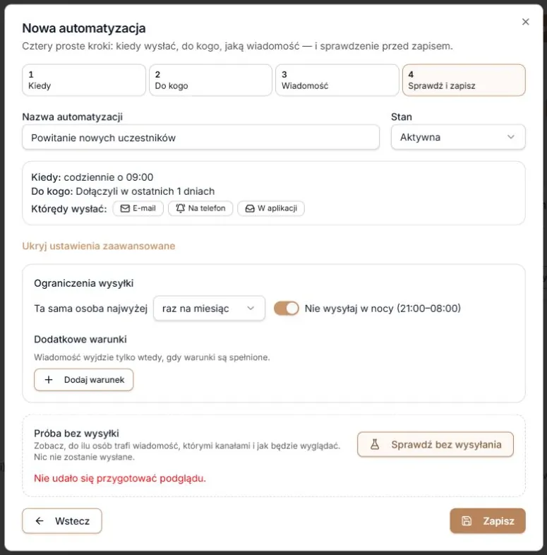 Kreator — niepotwierdzony podgląd i ponowna próba