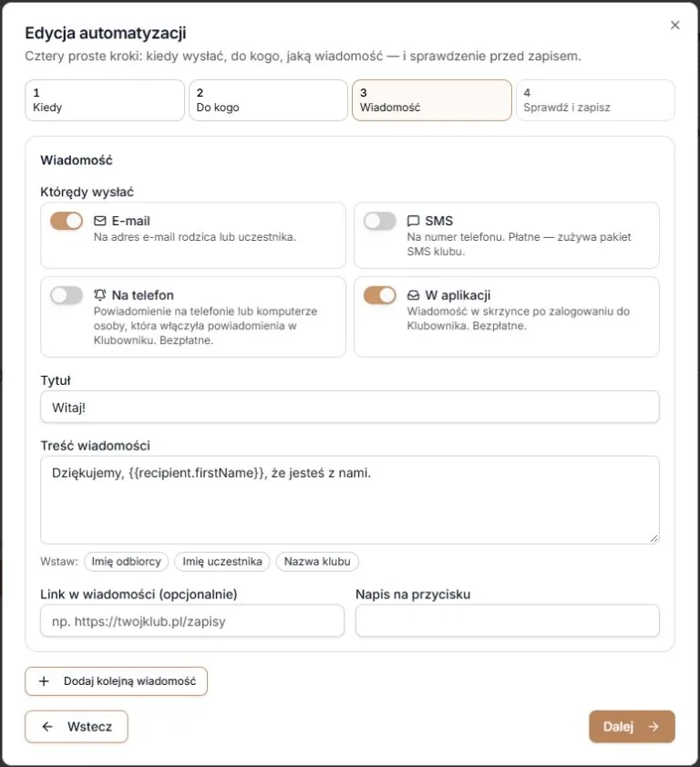 Krok 3 — kanały, tytuł, treść i link