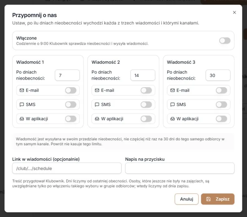Przypomnij o nas — trzy wiadomości po dniach nieobecności
