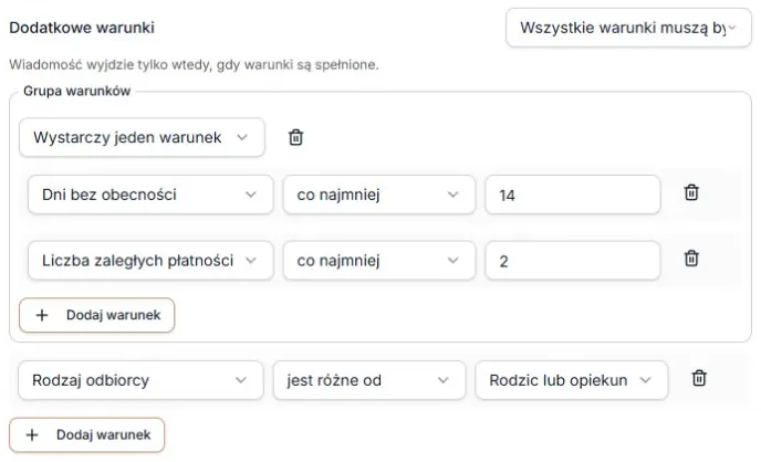 Grupa warunków i warunek poza grupą — osobne wybory i dodawanie