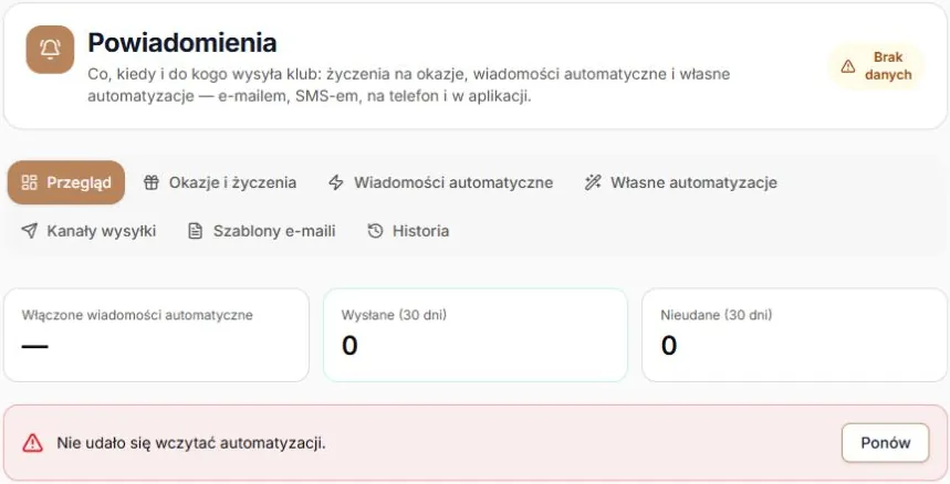 Brak potwierdzonej listy reguł — nieznany licznik, trwały komunikat i Ponów; rzeczywisty panel z kontrolowanym błędem odczytu, bez wysyłki