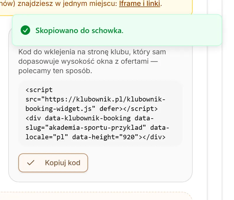 Skopiowany kod na stronę klubu