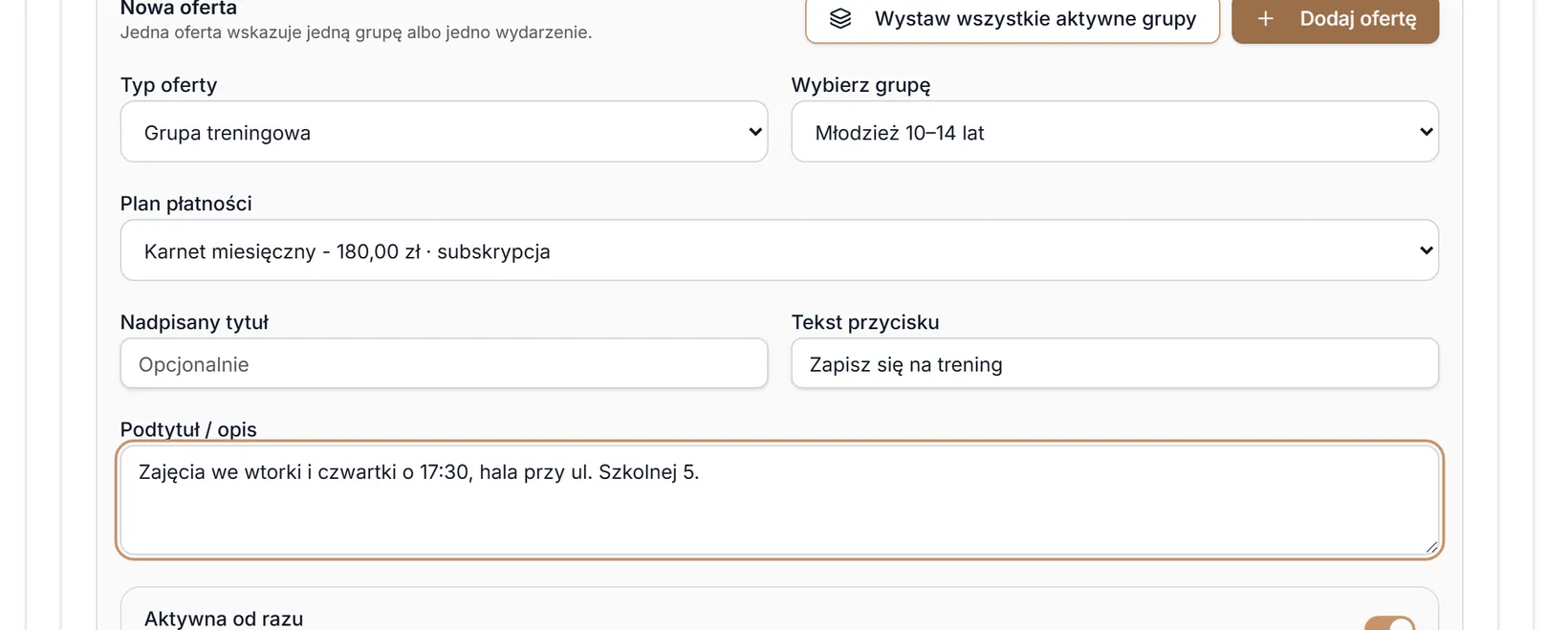 Wypełniona nowa oferta
