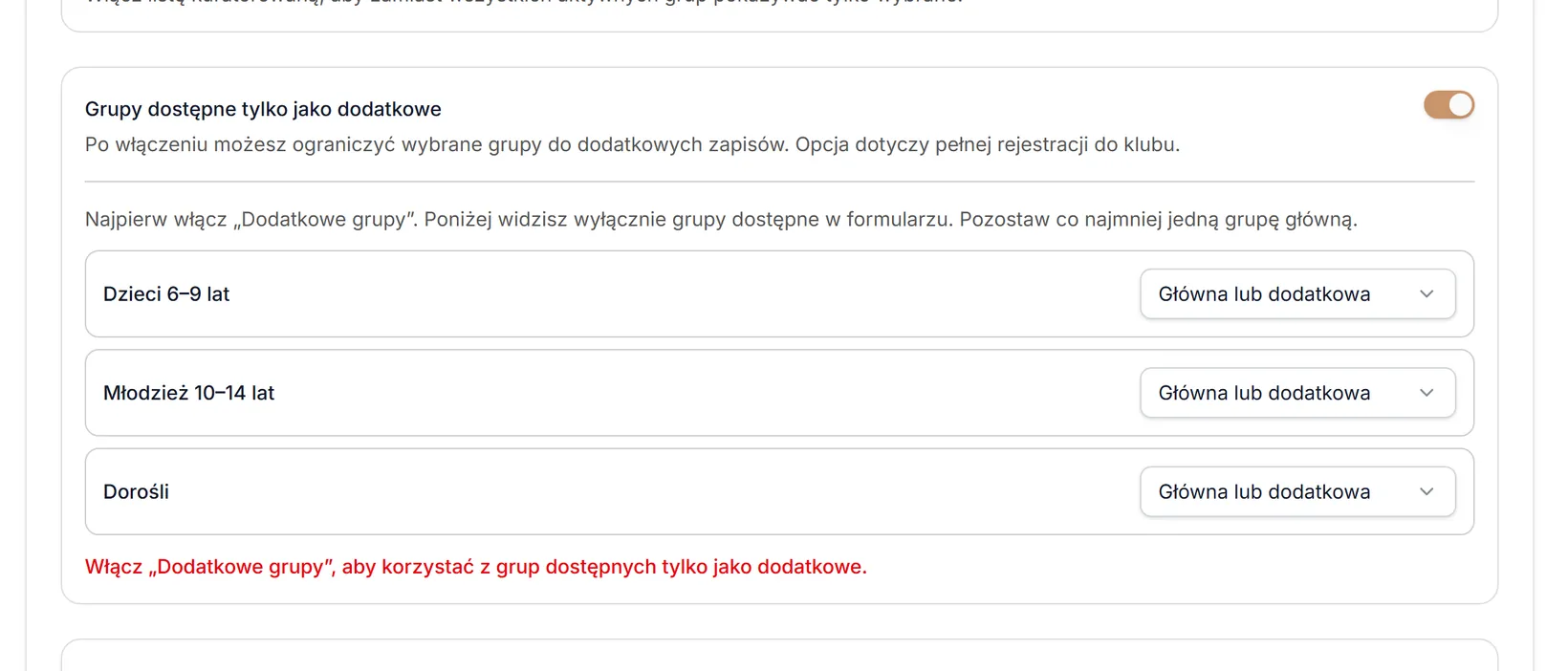 Grupy tylko dodatkowe bez włączonych Dodatkowych grup