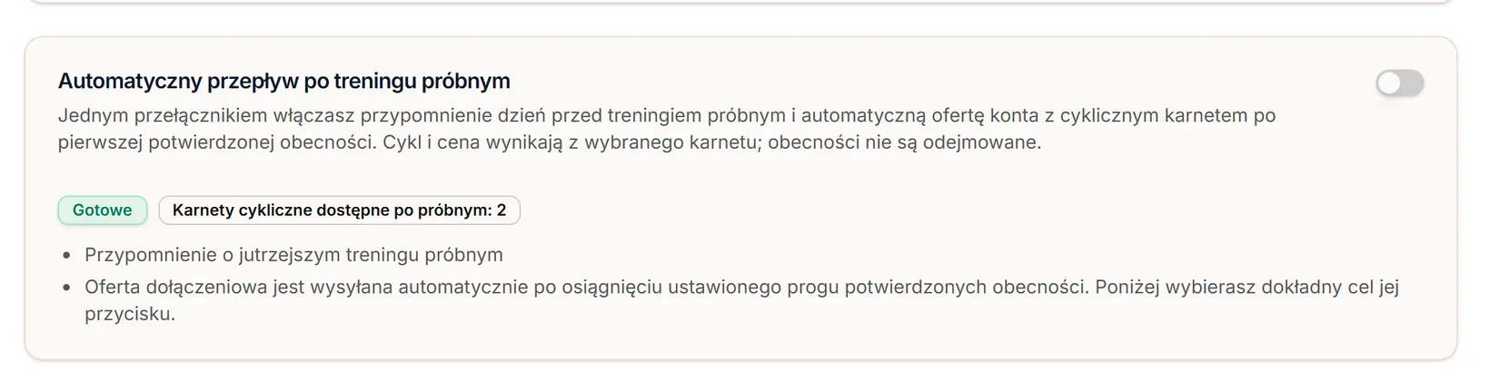 Automatyczny przepływ po treningu próbnym