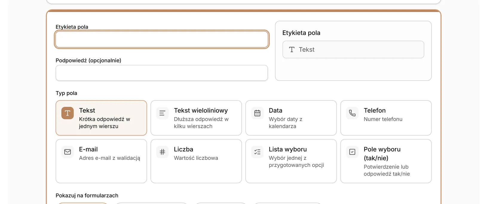 Nowe pole — etykieta, podpowiedź i typ