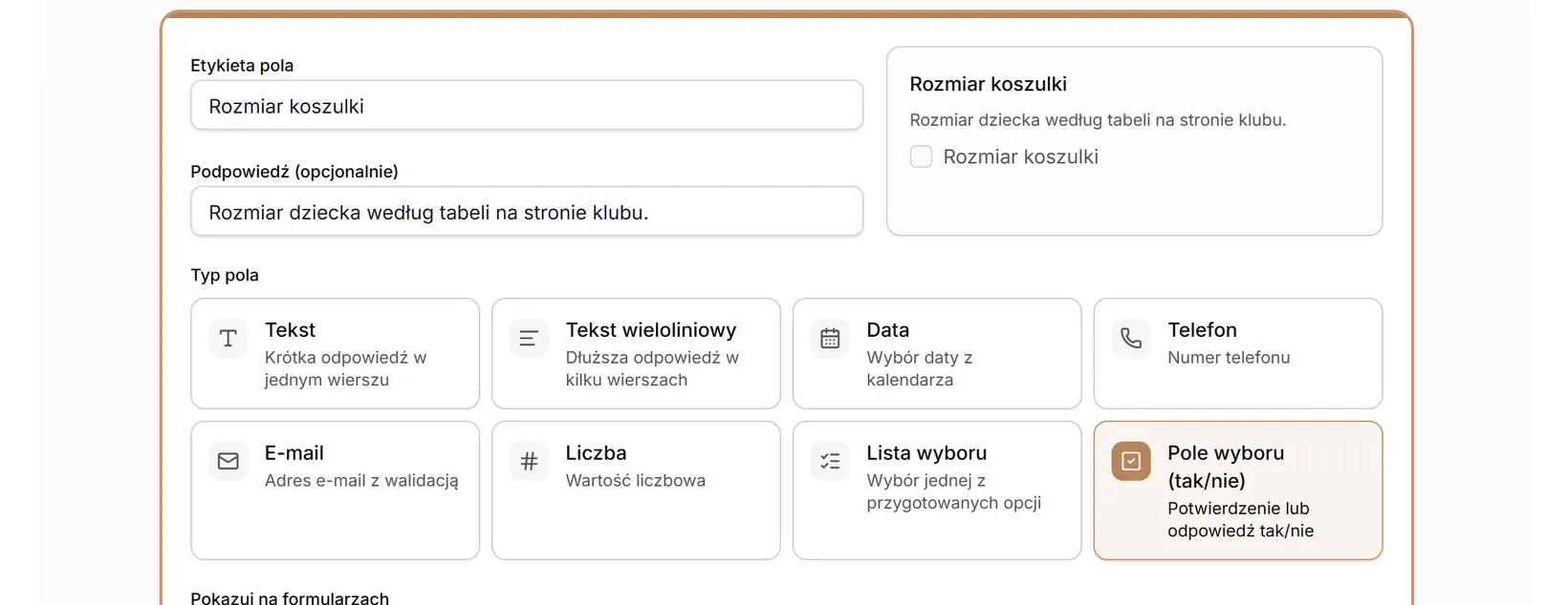 Typ pola: Pole wyboru