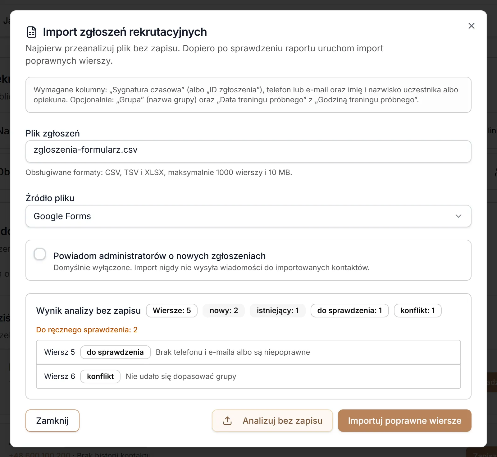 Wynik analizy pliku bez zapisu