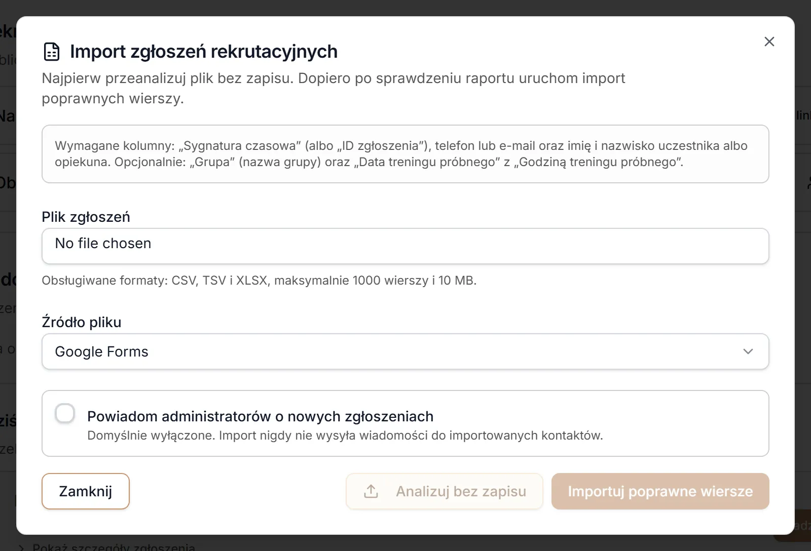 Okno importu zgłoszeń