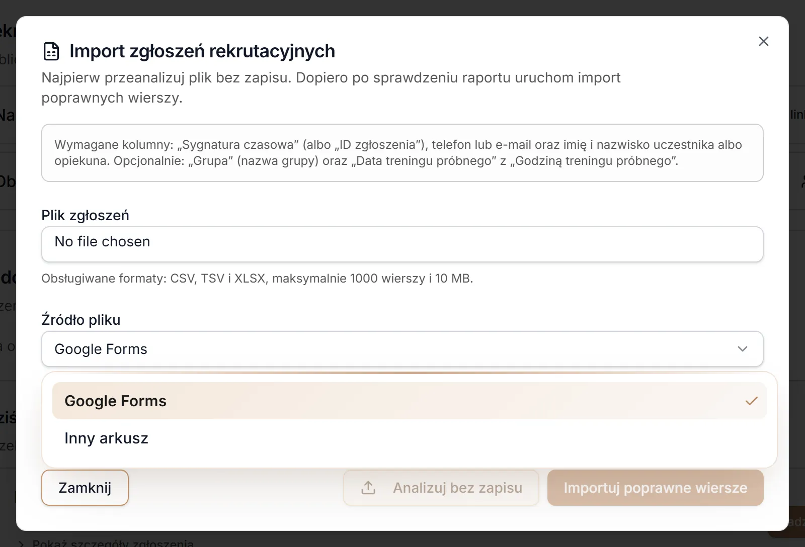 Źródło pliku do importu
