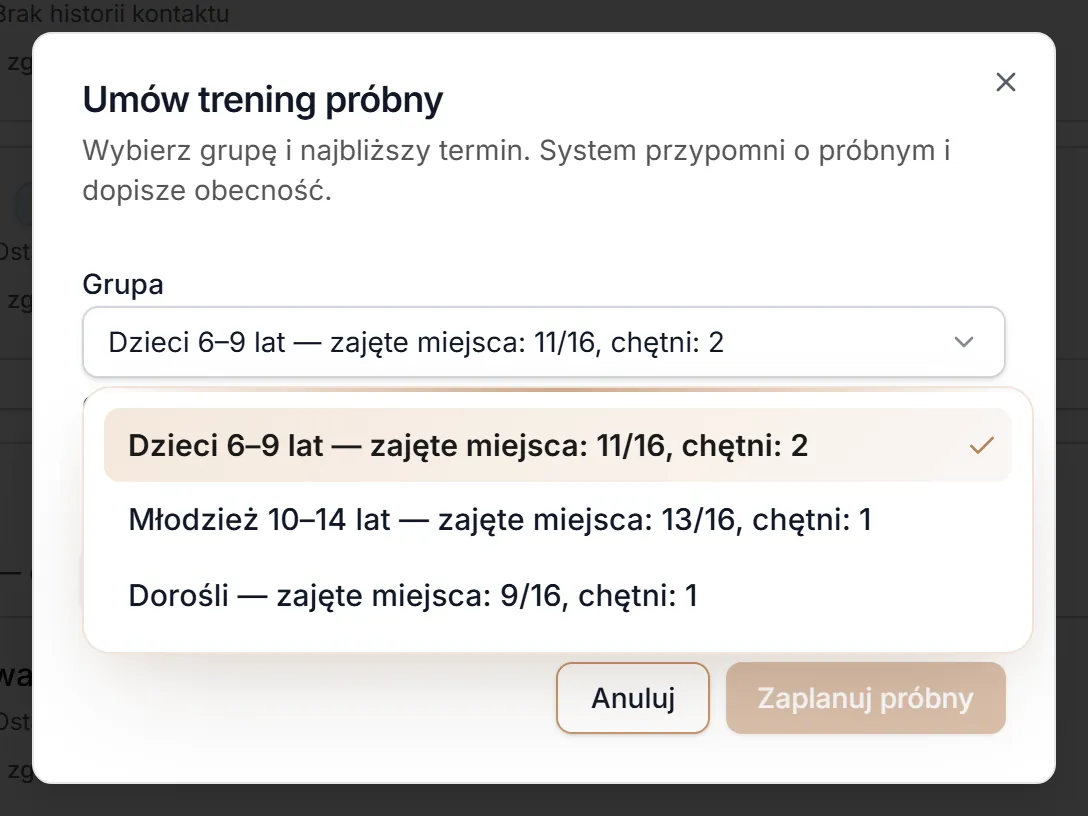 Lista grup z obłożeniem