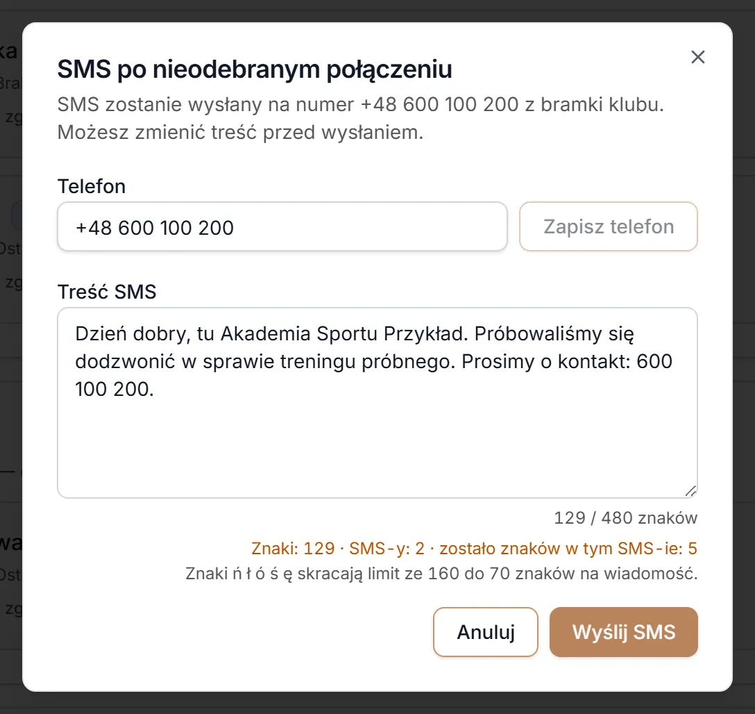 Okno SMS po nieodebranym połączeniu