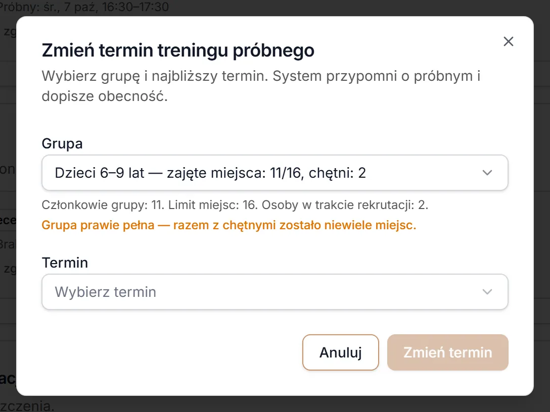 Zmiana terminu treningu próbnego