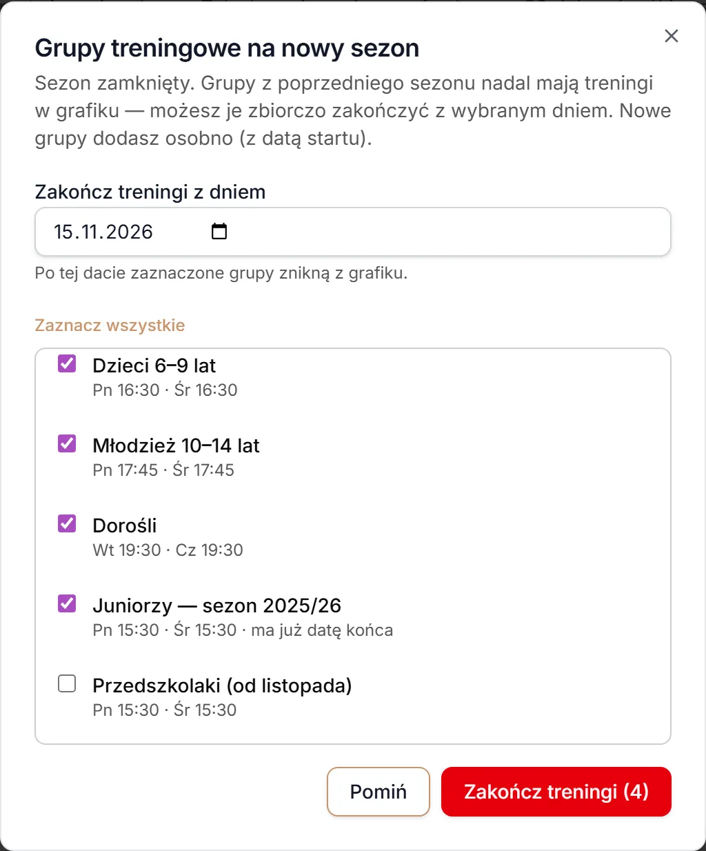 Data po starcie grupy nowego sezonu