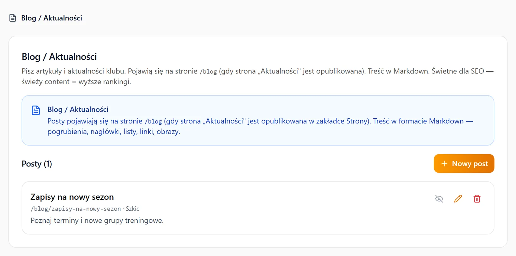 Lista artykułów: szkice, publikacja, edycja i usuwanie