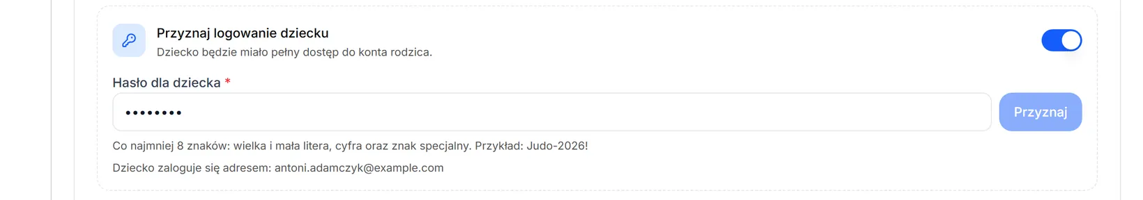Logowanie dziecka — hasło i przycisk Przyznaj
