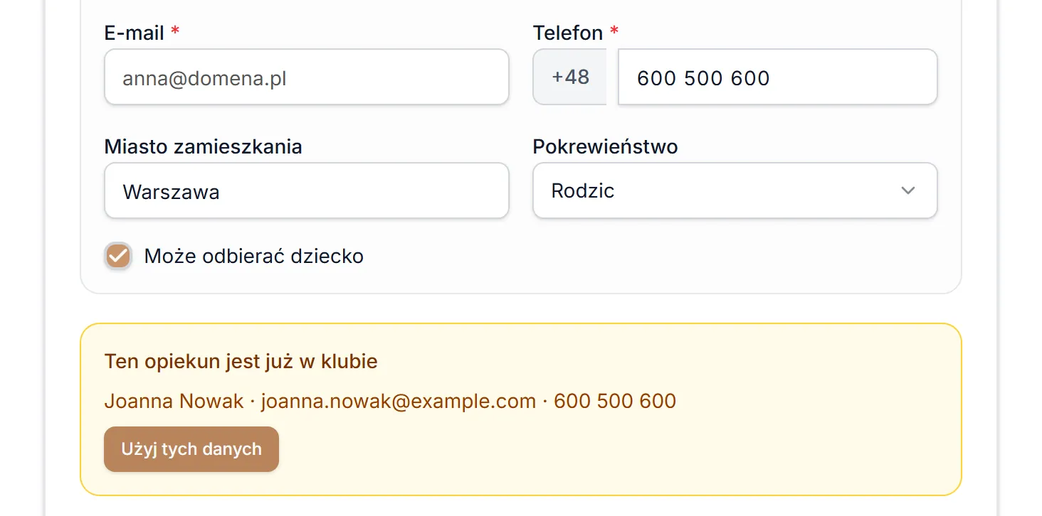 Krok 1 — opiekun znaleziony po numerze telefonu