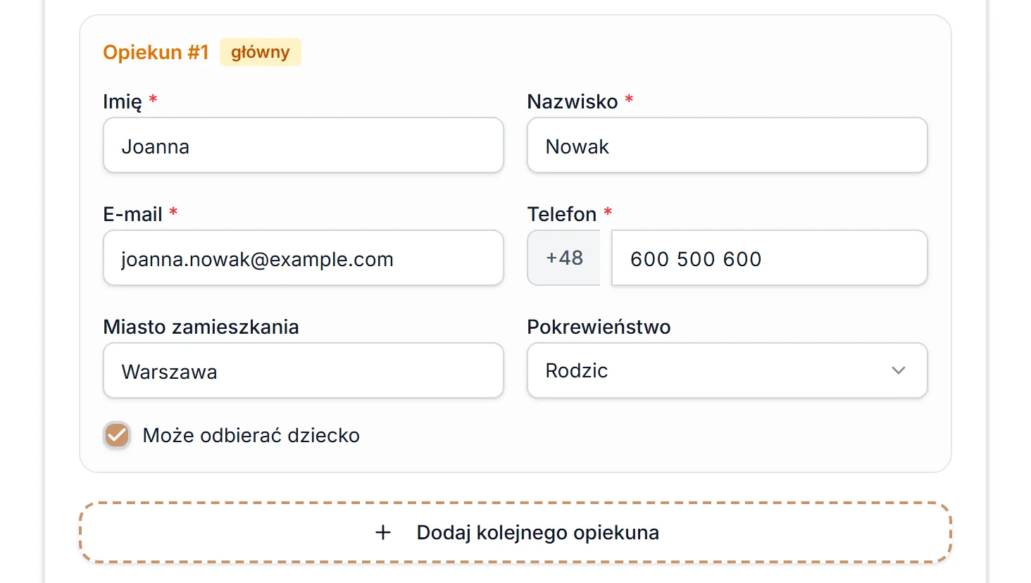 Krok 1 — dane opiekuna uzupełnione z klubu