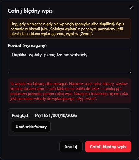 Szkic faktury blokujący cofnięcie wpłaty — podgląd i usunięcie szkicu